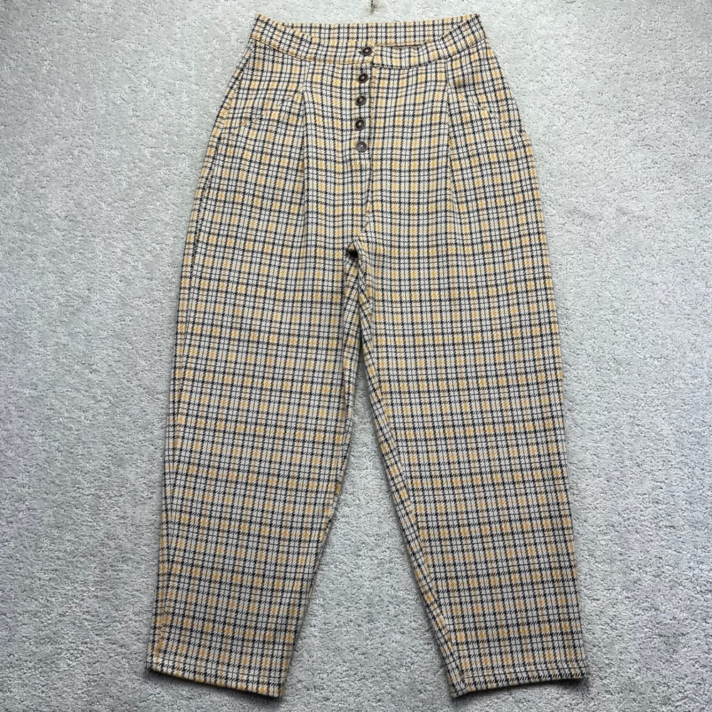 Free People Pants Womens Medium White Yellow Black Plaid High Waisted Tapered